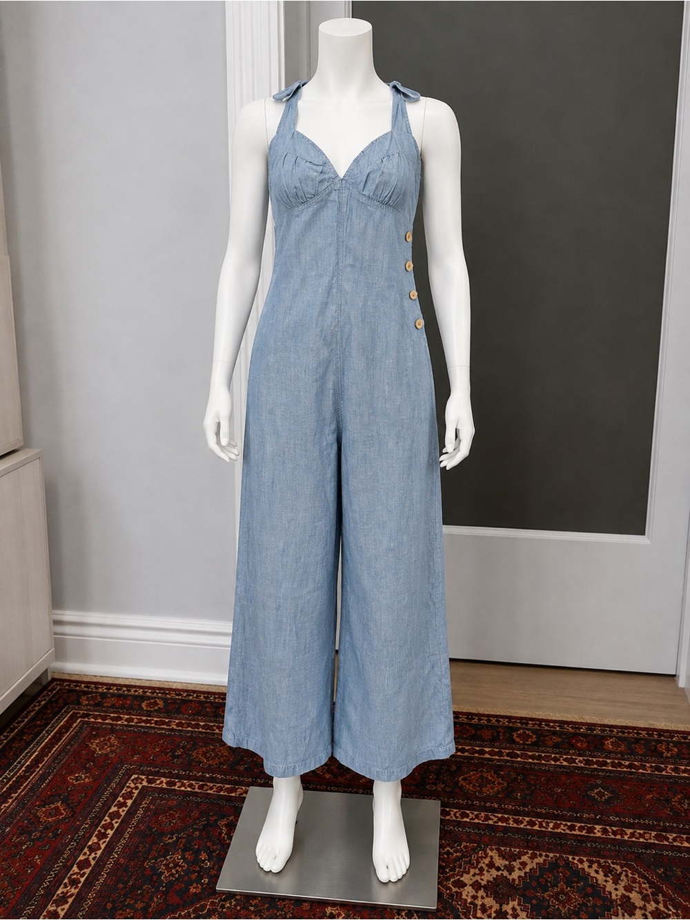Free People Light Blue Denim Wide-Leg Jumpsuit